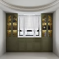 Modern Green Sideboard With Gold Accent Glass Doors Drawers And Window Blinds