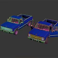 Two Blue Pickup Trucks Parked With Doors Open On Reflective Surface 3d model