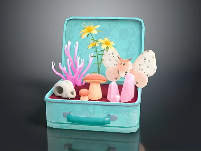 Butterfly In Light Blue Suitcase With Yellow Flowers Mushroom Skull And Pink Crystals 3d model