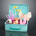 Butterfly In Light Blue Suitcase With Yellow Flowers Mushroom Skull And Pink Crystals