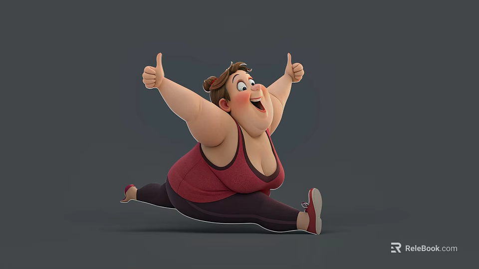 Smiling Woman Doing Split With Thumbs Up In Red Top And Dark Pants Gray Background 3d model 