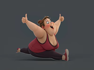 Smiling Woman Doing Split With Thumbs Up In Red Top And Dark Pants Gray Background 3d model