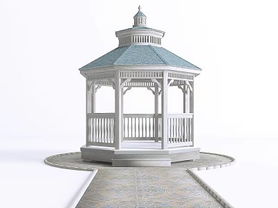 Traditional Gazebo With Green Roof And White Structure On Circular Paved Pathway 3d model