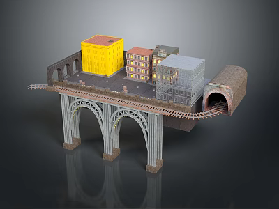 Detailed Buildings on Arched Bridge with Rail Tracks and Tunnel Connection 3d model