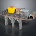 Detailed Buildings on Arched Bridge with Rail Tracks and Tunnel Connection