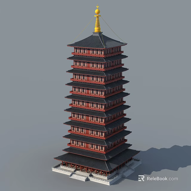 Traditional Chinese Multi Storey Tower With Red Black Structure And Golden Top 3d model 