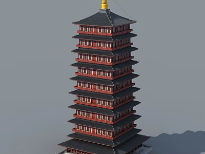 Traditional Chinese Multi Storey Tower With Red Black Structure And Golden Top 3d model