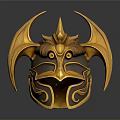 Detailed Golden Helmet Sculpture With Intricate Winged Design And Spiked Top