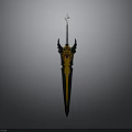 Decorative Black And Gold Sword With Horn Shaped Hilt And Slender Blade