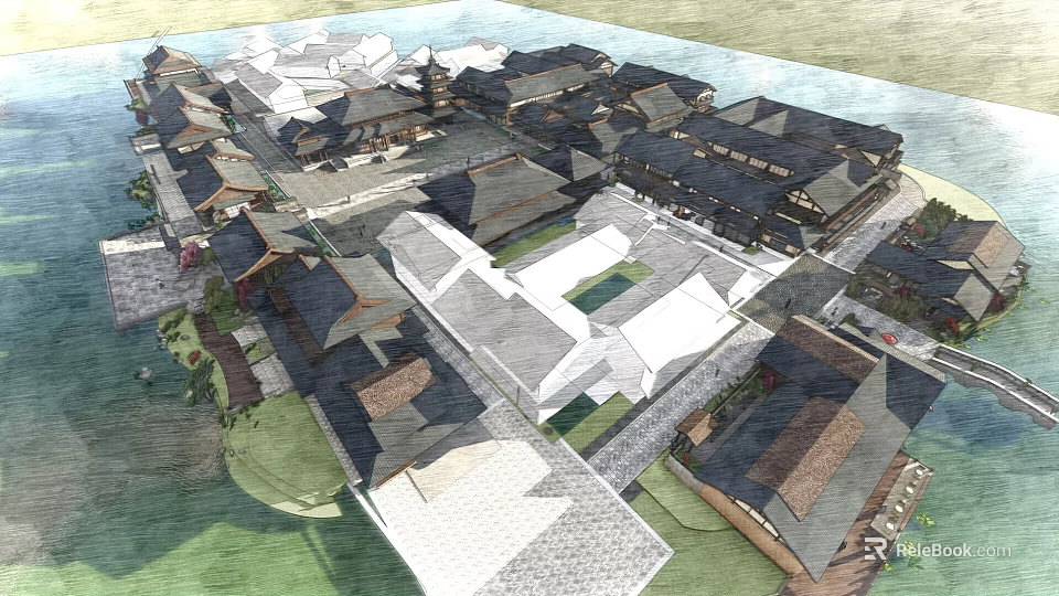 Traditional Commercial Street With Ancient Gabled Roofs Courtyard Layout And Stone Pathways 3d model 
