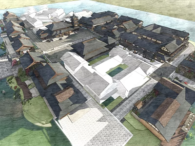 Traditional Commercial Street With Ancient Gabled Roofs Courtyard Layout And Stone Pathways 3d model