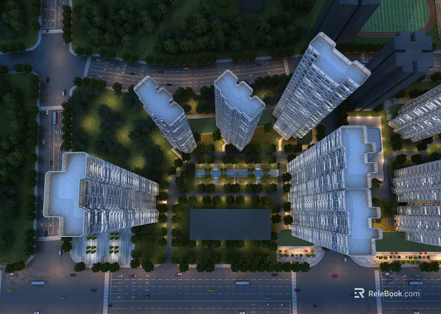 Aerial View Planning of Modern Residential Complex With High Rise Buildings Green Spaces and Roads 3d model 