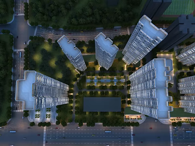 Aerial View Planning of Modern Residential Complex With High Rise Buildings Green Spaces and Roads 3d model