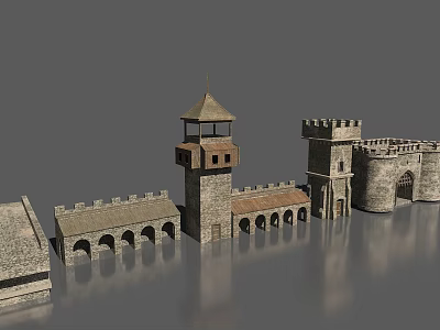Medieval Castle Complex With Watchtower Stone Walls Arched Passages And Stone Buildings 3d model