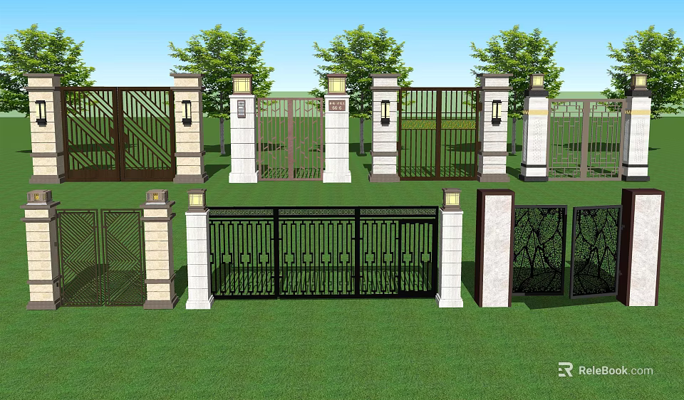 Ornate Iron Gates in Various Designs With Pillars and Green Grass Lawn 3d model 