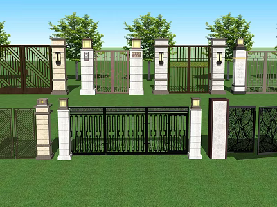 Ornate Iron Gates in Various Designs With Pillars and Green Grass Lawn 3d model