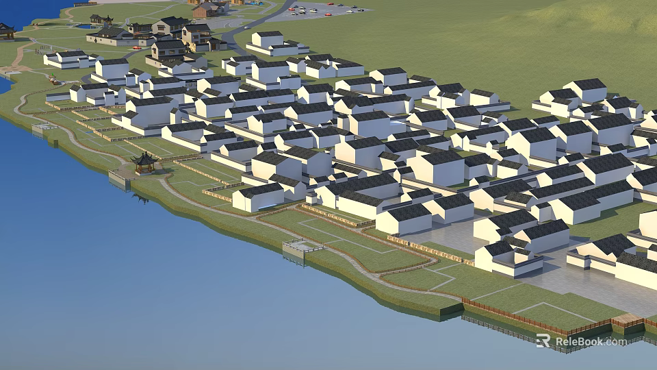 Ancient Architecture Village With Traditional Black Roofs And Riverside Scenic View 3d model 