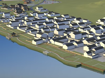 Ancient Architecture Village With Traditional Black Roofs And Riverside Scenic View 3d model