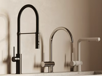 Three Modern Kitchen Faucets In Black Silver And White Finishes On Countertop 3d model