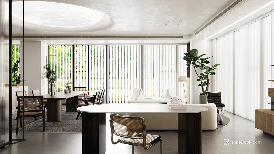 Modern Dining Living Room With Natural Light Large Windows Blinds Round Table And Wicker Chairs 3d model 