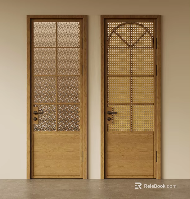 Elegant Wooden Interior Doors With Grid And Perforated Panel Designs 3d model