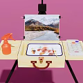 Yellow Tripod Table with Musical Instruments Art Supplies Easel Paint Tubes Brushes and Palette