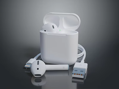 White Wireless Earbuds With Charging Case And USB Charging Cable 3d model