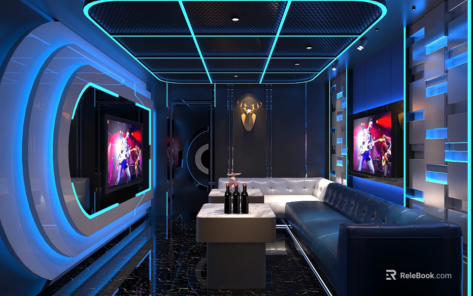 Stylish KTV Lounge With Blue Neon Lights Comfortable Sofas And Modern Interior Design 3d model