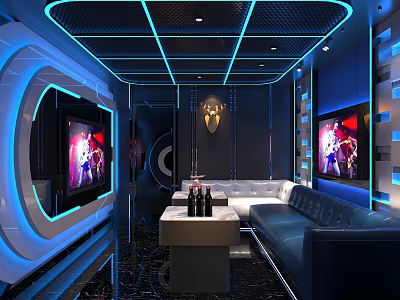 Stylish KTV Lounge With Blue Neon Lights Comfortable Sofas And Modern Interior Design 3d model