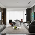 Modern Living Dining Room Interior With Black Leather Sofa Colorful Abstract Painting And Marble Wall