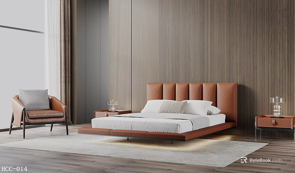 Modern Double Bed With Brown Leather Tufted Headboard Wooden Wall Nightstand And Area Rug 3d model 