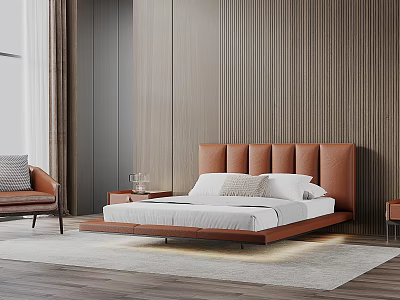 Modern Double Bed With Brown Leather Tufted Headboard Wooden Wall Nightstand And Area Rug 3d model