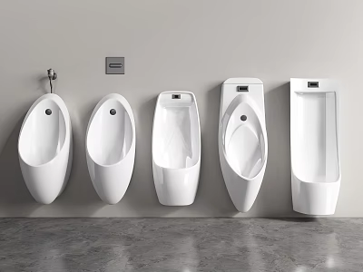 Five Various Designed White Urinals Mounted On Light Grey Wall With Grey Marble Floor 3d model