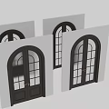 Dark Brown Arched Hinged Doors with Vertical Ribbed Glass Panels and Handles