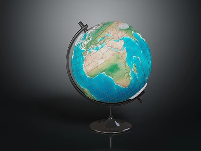 Detailed Globe Decorative Ornament with World Map on Metal Stand and Base for Home Decor 3d model