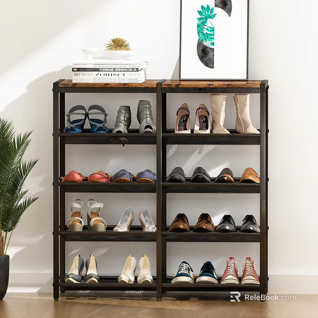 Dark Wood Open Shoe Rack With Multiple Shelves Books Decor And Various Shoes 3d model 