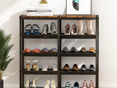 Dark Wood Open Shoe Rack With Multiple Shelves Books Decor And Various Shoes 3d model