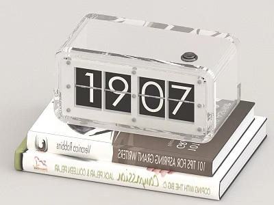 Stack of Books with Transparent Flip Clock Showing 1907 on Top 3d model