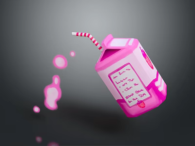 Pink Drink Carton With Red And White Striped Straw And Spilled Liquid 3d model