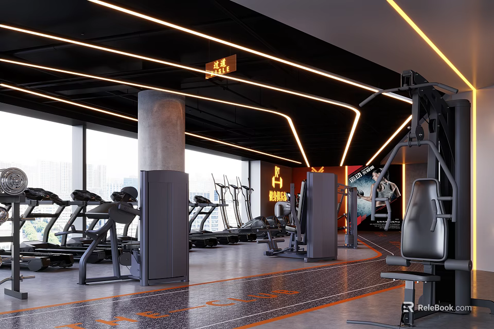 Modern Fitness Gym Interior Featuring Treadmills Ellipticals Strength Machines And Orange Accent Lighting 3d model 