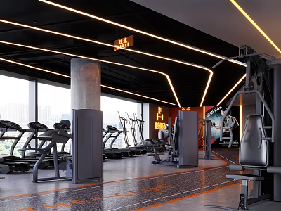 Modern Fitness Gym Interior Featuring Treadmills Ellipticals Strength Machines And Orange Accent Lighting 3d model