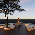 Adult and Child Enjoying Sunset View by Landscape Seat with Tree and Grass