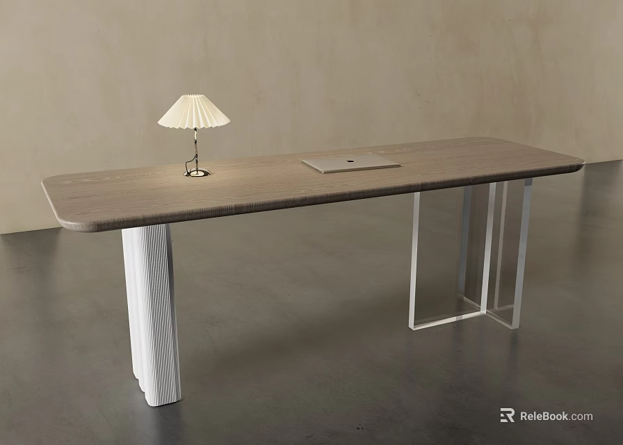 Modern Wooden Desk With Metal Legs Table Lamp And Tablet On Top 3d model 