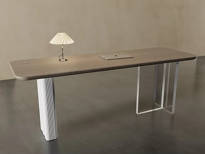 Modern Wooden Desk With Metal Legs Table Lamp And Tablet On Top 3d model