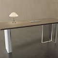 Modern Wooden Desk With Metal Legs Table Lamp And Tablet On Top