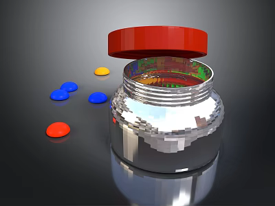 Silver Storage Jar With Open Red Lid And Colorful Small Round Pieces On Black Surface 3d model