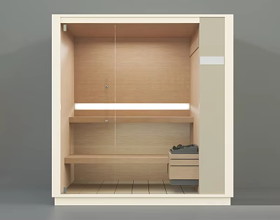 SPA Sauna Interior Design With Wooden Structure Glass Door Bench And Storage 3d model