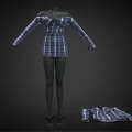 Blue And White Plaid Off The Shoulder Long Sleeve V Neck Short Fitted Waist Dress