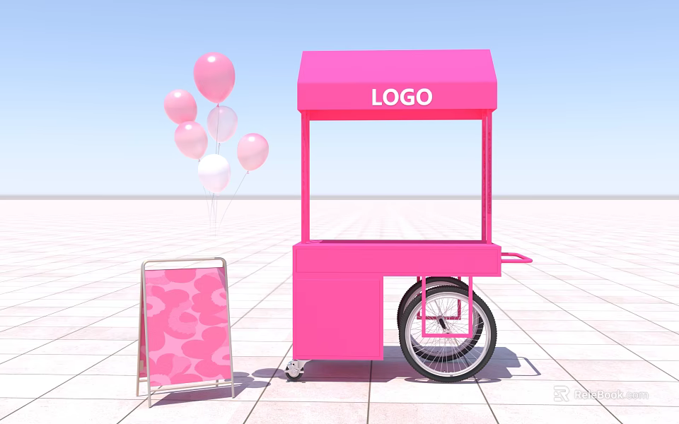 Pink Street Food Cart With LOGO Canopy Heart Pattern Signboard And Balloons 3d model 