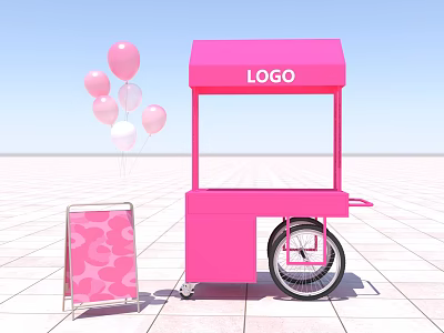 Pink Street Food Cart With LOGO Canopy Heart Pattern Signboard And Balloons 3d model